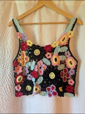 Boho Floral Crochet Tank Top - Black with Pastel Flowers